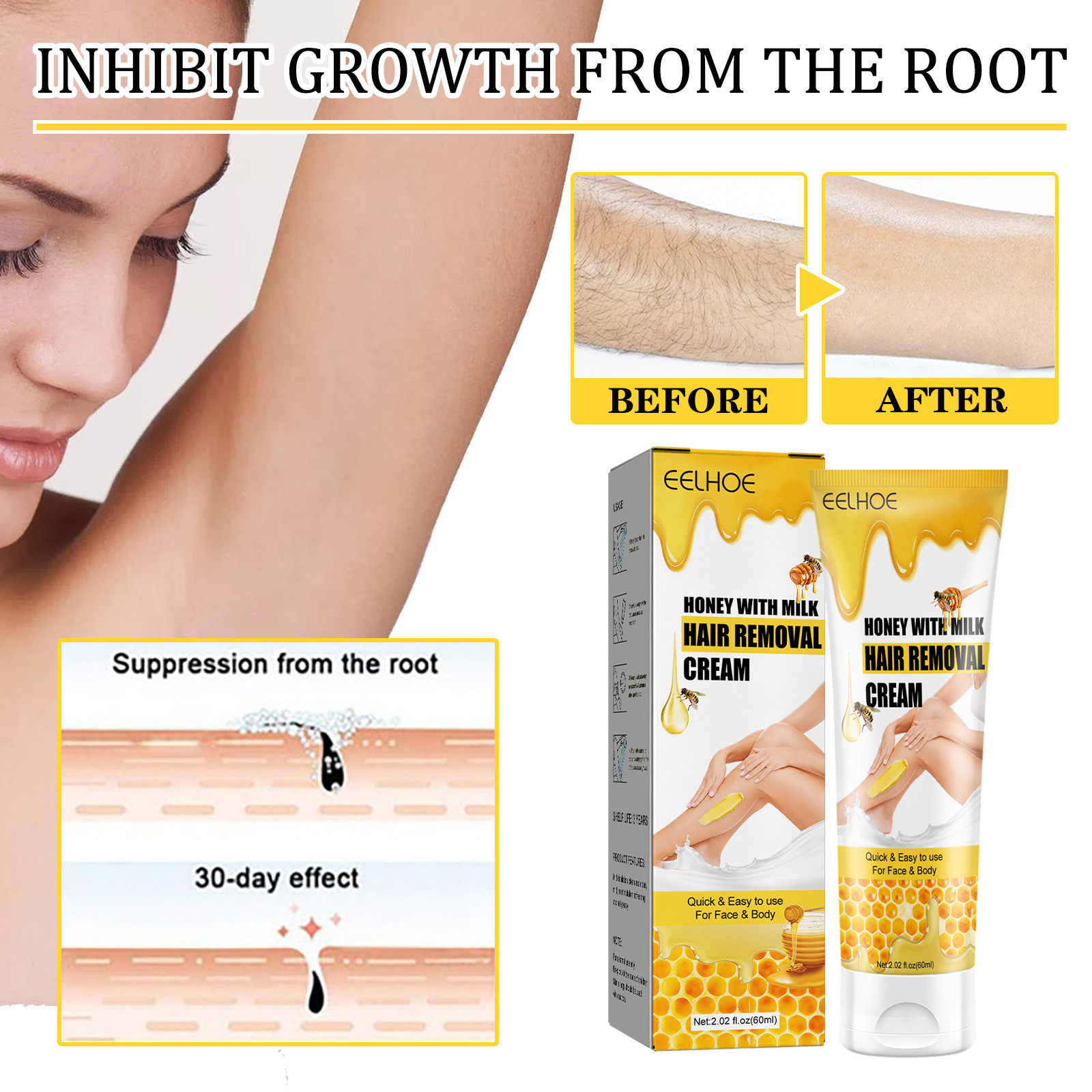 EELHOE Honey&Milk Quick Smooth Cream Achseln, Arme und Beine, milde Haarentfernung für den ganzen Körper_voghion.com