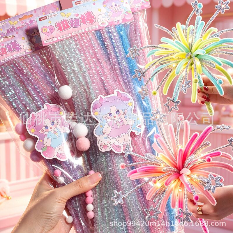 100 Glitter Twist Sticks for Kindergarten DIY Crafts, Colorful Chenille Sticks Material Kit, Girly Bouquet Fireworks Toy
