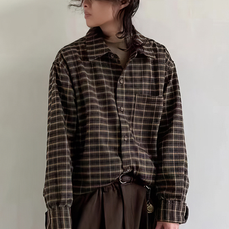 Spring 2025 New Men's Maillard Style Retro Dark Brown Plaid Shirt High-end Sense Loose Casual Top