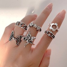 跨境新款蝴蝶精灵骰子戒指套装6件套欧美创意蝴蝶链条关节戒指