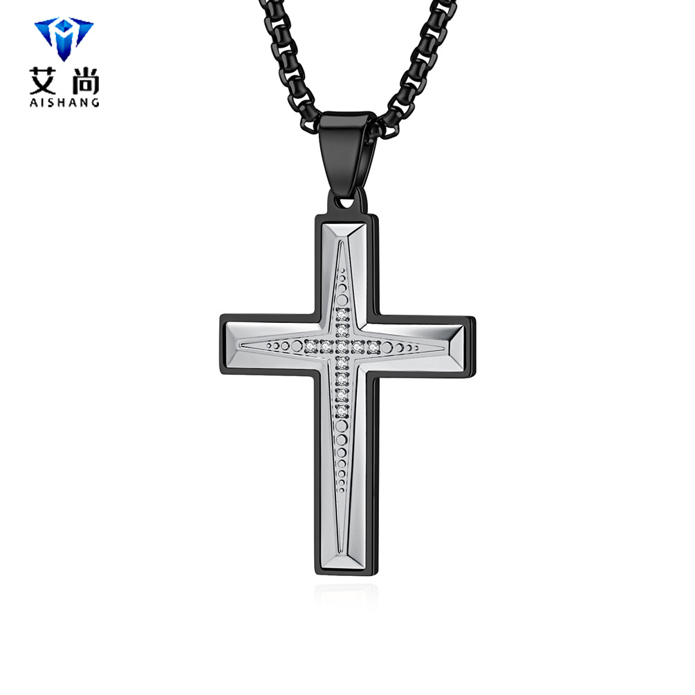跨境爆款钻石切面立体镶石男士十字架项链不锈钢吊坠装饰毛衣链
