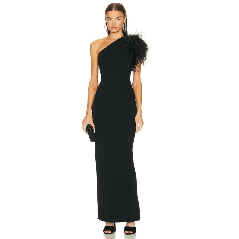 One-shoulder ostrich feather irregular sleeveless long slit women's bandage dress dress foreign trade supply in stock