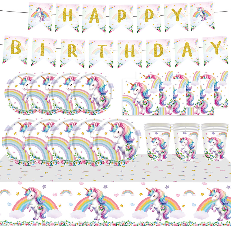 New Colorful Unicorn Children's Birthday Party Supplies Decoration Disposable Tablecloth Paper Plate Tableware Set Arrangement New Colorful Unicorn Children's Birthday Party Supplies Decoration Disposable Tablecloth Paper Plate Tableware Set Arrangement