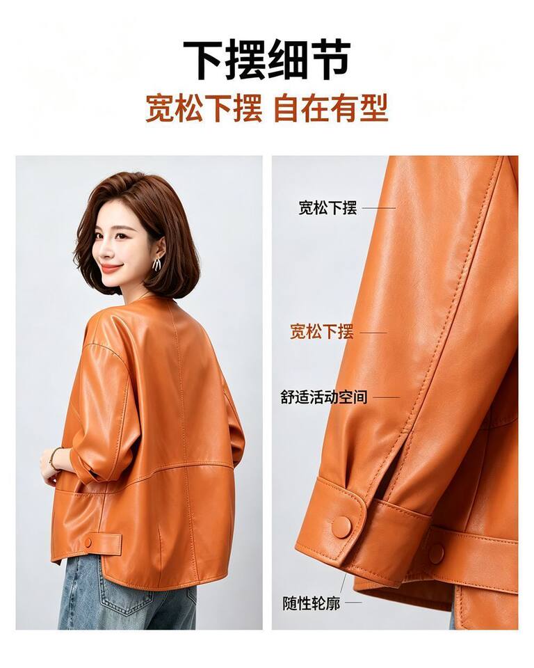 Áo khoác da nữ dáng ngắn ôm vừa, cổ lập, tay dài, phong cách thanh lịch — Cam Hermès, đen chi tiết 8