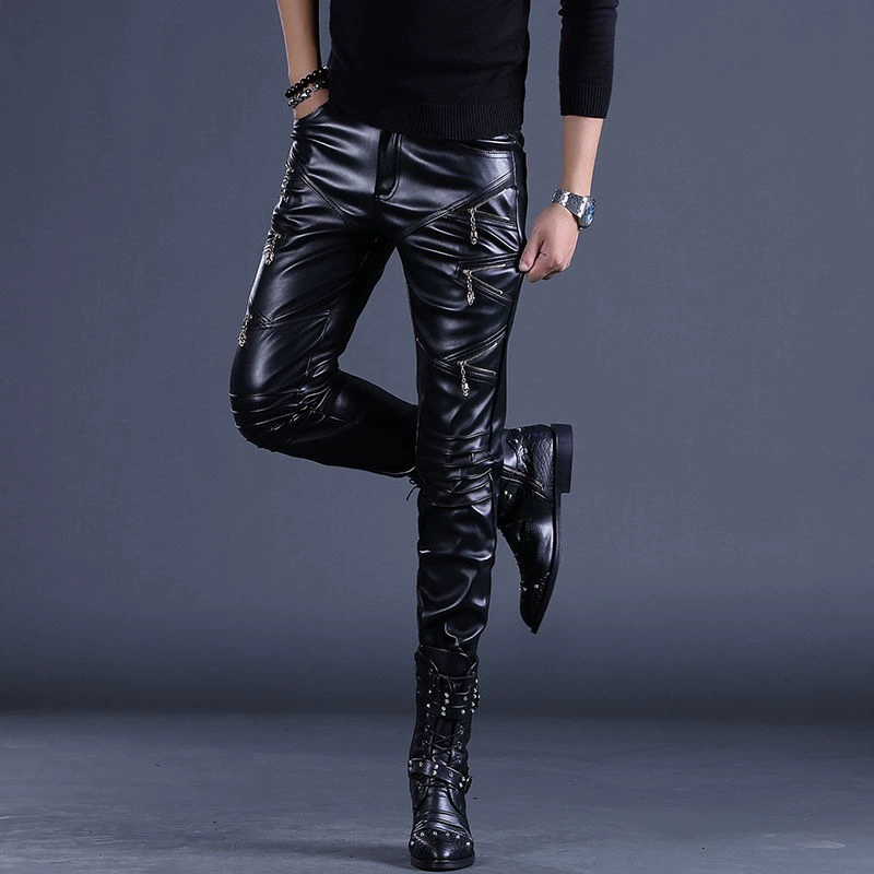 Slim Fit Black Leather Trousers with Zipper Details for Men, Imported, Multiple Sizes