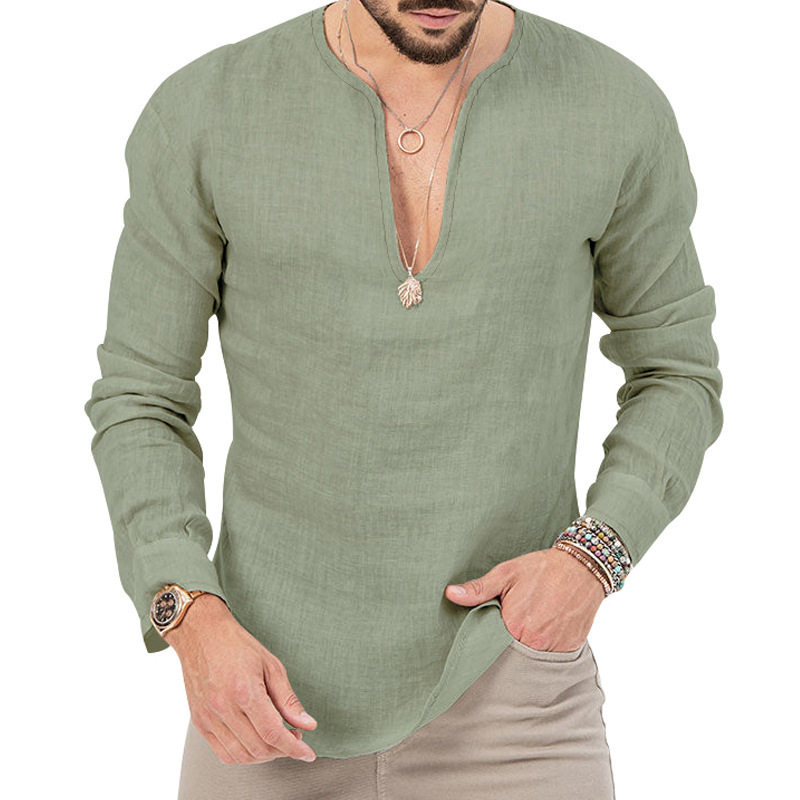 T-shirt homme casual coton lin col en v coupe oversized_voghion.com