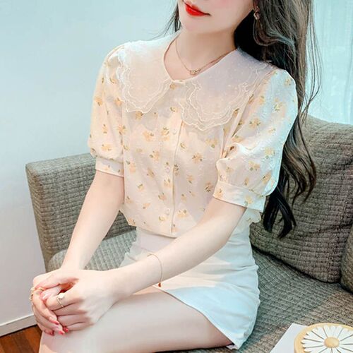 Lace Baby Collar Short Sleeve Floral Print Women's Summer Year Loose Slimming Chiffon Open Top Fashion