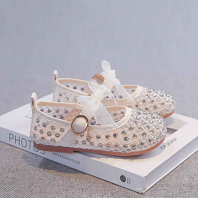 Zapatos de princesa de niñas 2026 verano nuevos zapatos de arco transpirables de malla para niños Marigold Zapatos de cuero para niños pequeños