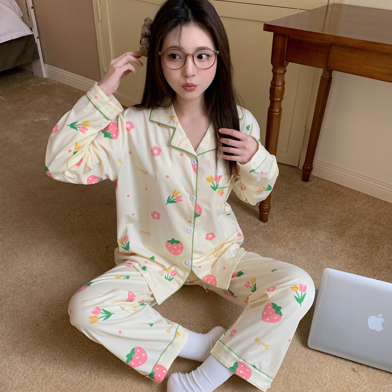 El comercio exterior de primavera y otoño pijamas algodón para las mujeres ins lindo dibujos animados solapa cardigan suelta delgada vestir prendas exteriores homewear