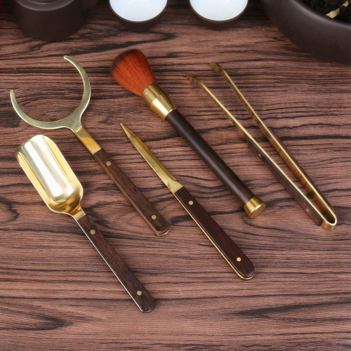 Brass Tea Set with Copper-wood Tea Tongs, Tea Spoon, Pot-Care Pen, and Accessories—Featuring Brass, Rosewood, and Ebony Materials for the Six Gentlemen of Tea Ceremony