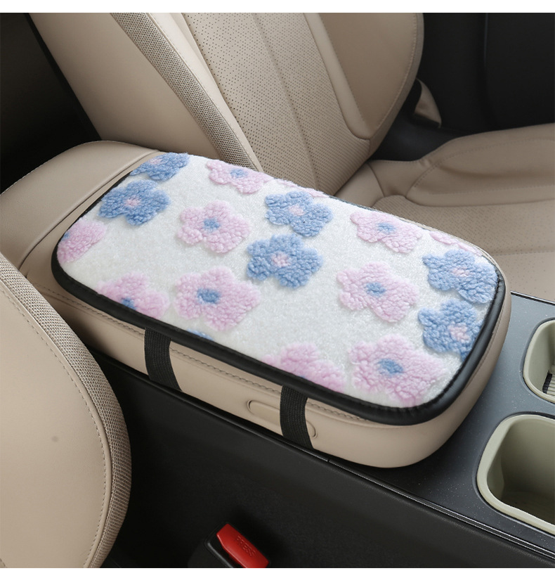 2025 Trendy Winter Lamb Wool Car Armrest Box Mat with Small Flowers in 6 Colors, Sweet Decorative Mat, Storage Bag, Protective Mat