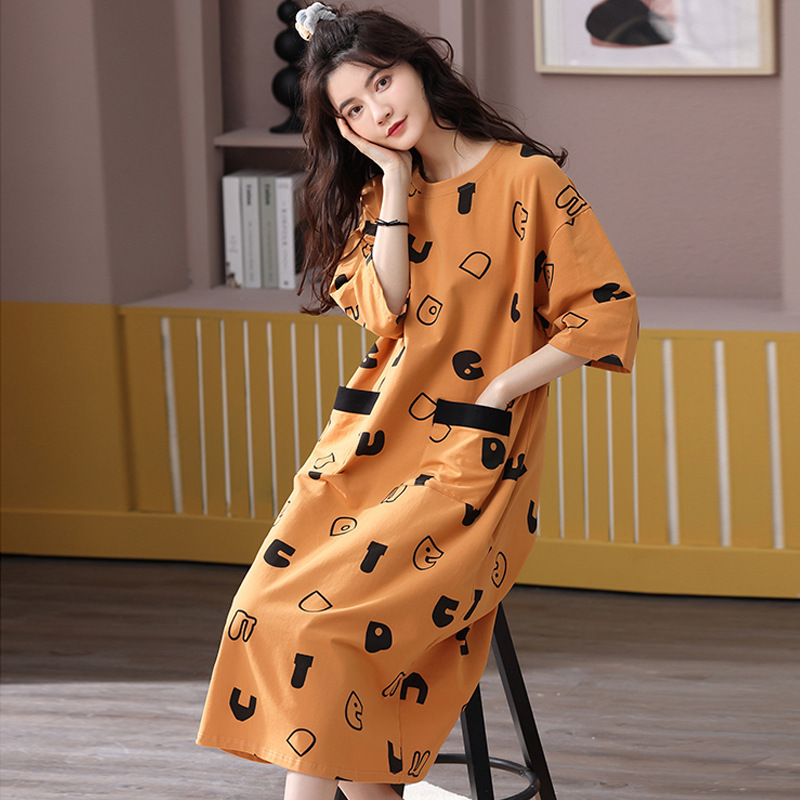 Nightgown for Women, Thin Short-Sleeved Summer Mid-Length Korean Style Casual and Stylish Pajamas, Loose and Fattening Home Clothes Nightgown for Women, Thin Short-Sleeved Summer Mid-Length Korean Style Casual and Stylish Pajamas, Loose and Fattening Home Clothes