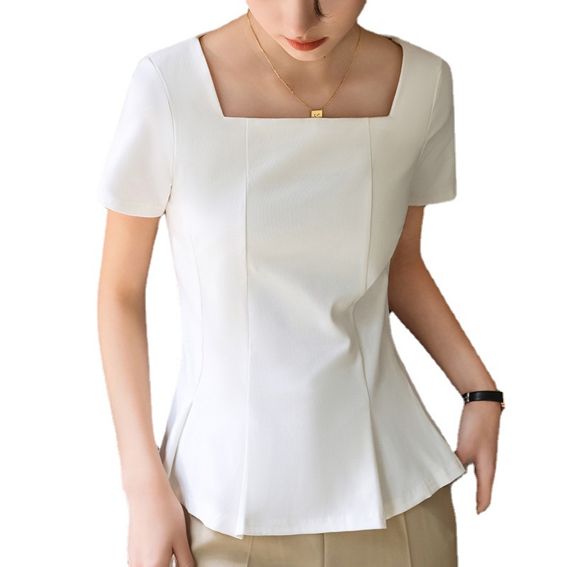 Camiseta de manga corta para mujer verano 2023 nuevo cuello cuadrado retro de las mujeres Camiseta de algodón de color sólido francés paraguas cintura-top apretado