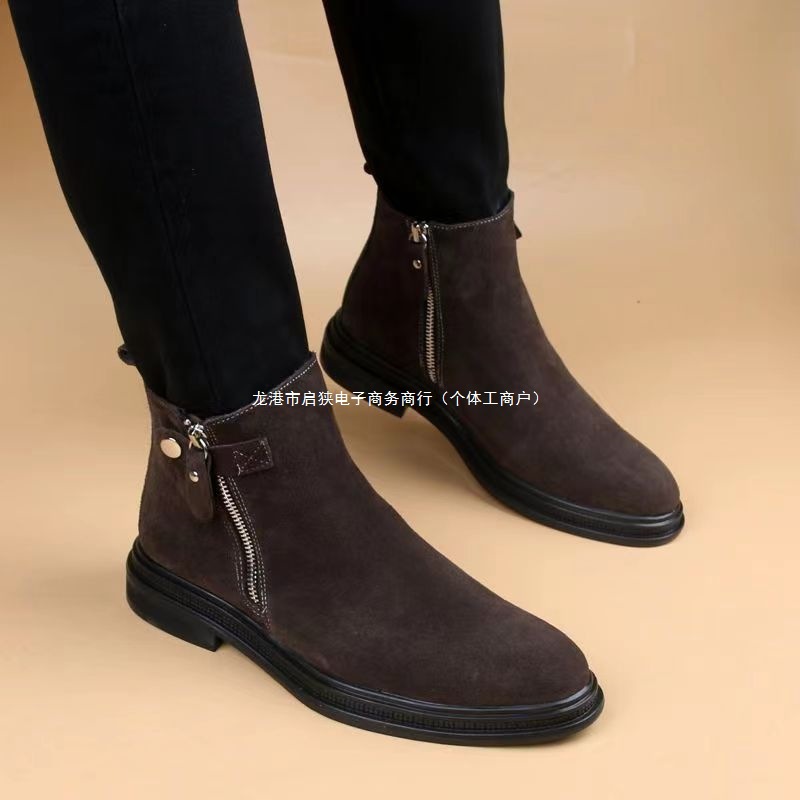 韩版马丁靴男尖头内增高短靴英伦翻毛皮靴子冬季加绒保暖皮鞋