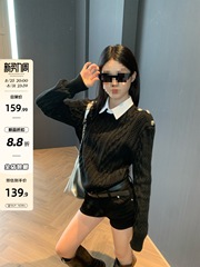 宋正恩黑色套头麻花毛衣女秋季新款修身百搭显瘦纽扣设计长袖上衣