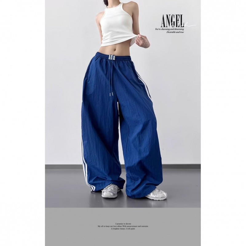 Summer New 2025 Women's Cargo Pants Casual Wide-Leg American Style Patchwork Side Stripe Sports Wide-Leg Long Pants Trendy