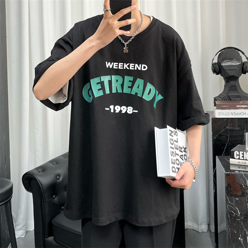 New Hong Kong Fashion Style Letter Printed Short-Sleeved T-Shirt for Men Korean Style Loose Large Size Half-Sleeve