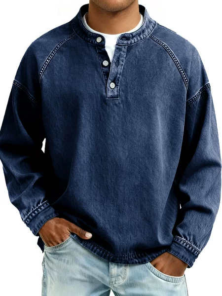 2026 European and American cross-border spring and autumn men's shirt, vintage American-style washed and faded cotton long-sleeve button-up denim shirt