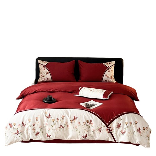 Modern new Chinese style rose embroidery red bedding set for housewarming and wedding daily pure cotton long-staple cotton four-piece set