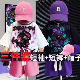 外贸26夏新款姐弟装儿童卡通T恤短裤套装男童女童潮酷撞色兄妹装