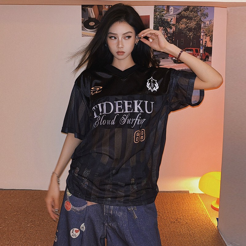 Factory American-Style Jersey Patchwork Mesh Jersey Women's Summer V-Neck Short-Sleeve T-Shirt Loose Couple Tops Trendy
