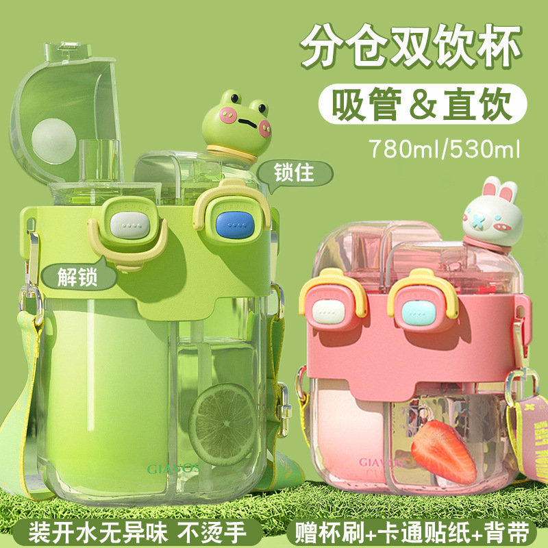 Large-Capacity Double-Compartment Plastic Cup, Trendy Student Creative Square Straw Cup, Cute Children's Water Bottle, Cartoon Design