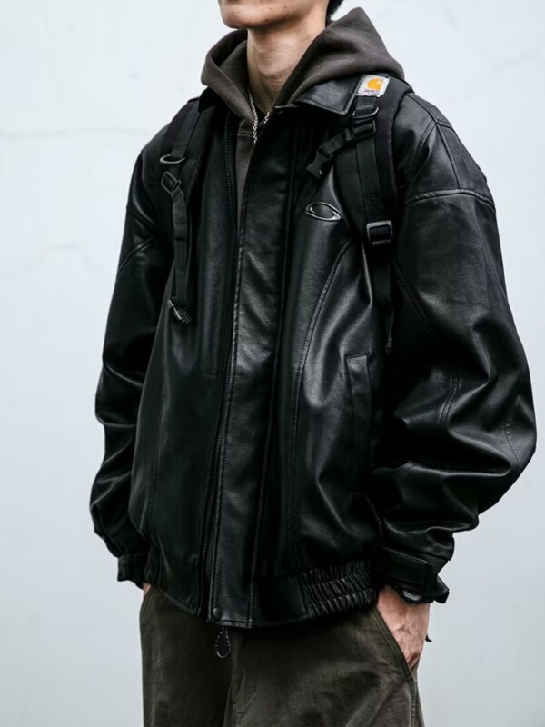 Korean Style Fashion Versatile Texturous Black Motorcycle Leather Men's Autumn Windproof PU Leather Profile Coat Fashionable plus size