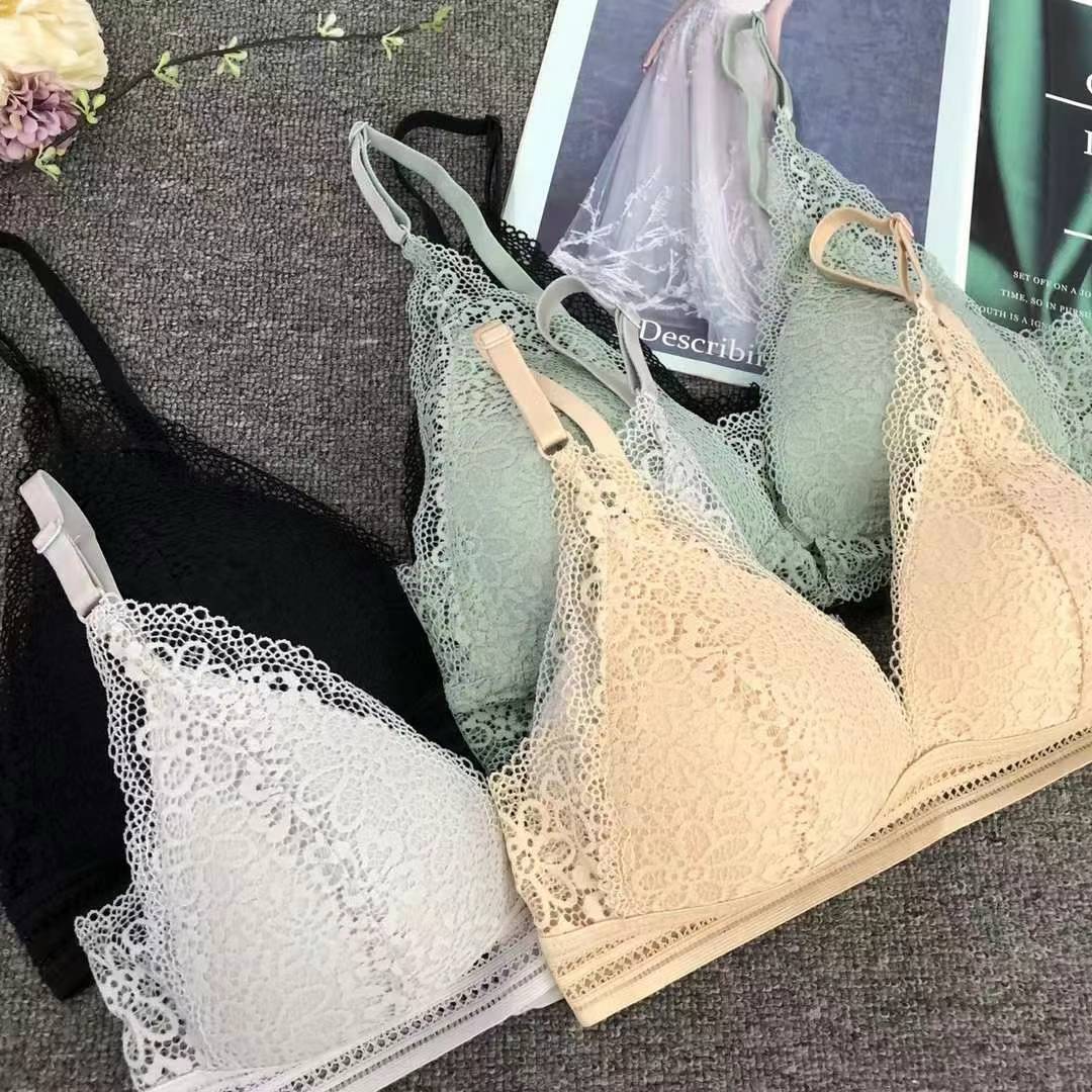Bra de encaje del sudeste asiático, ropa interior de mujer, bra de copa triangular francesa, verano sin anillo de acero, copa delgada, algodón sexy y cómodo para la piel