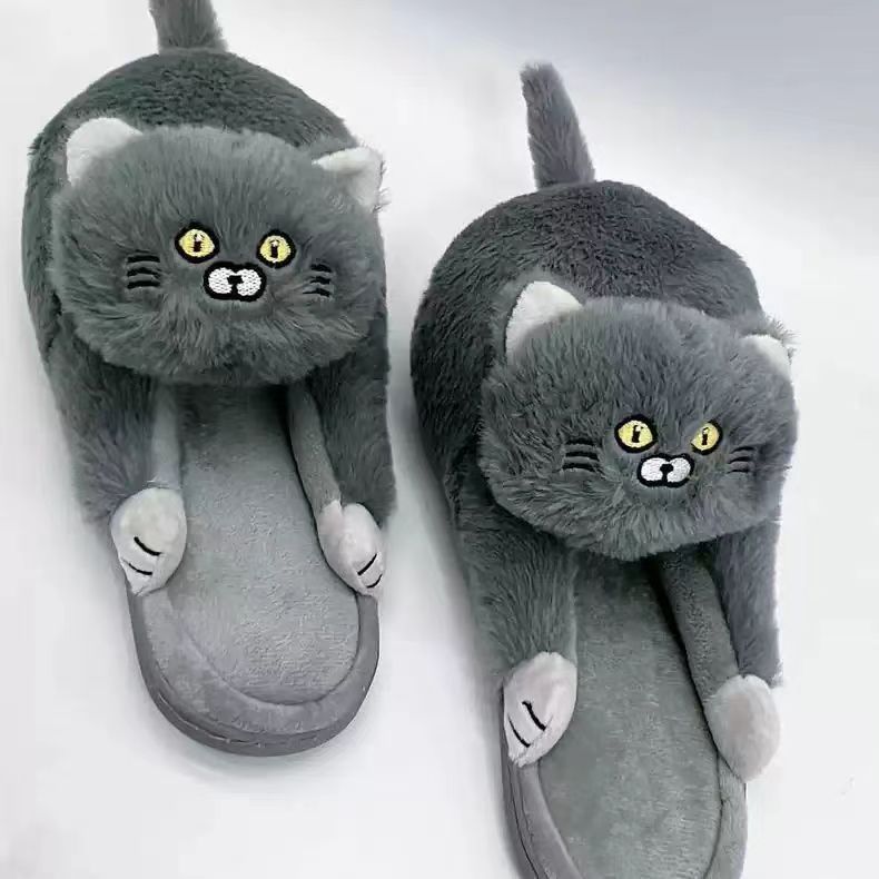 Gato azul fregona de algodón gato sensación de tacón medio cubierto zapatos de algodón abrazo felpa casa lindo cálido Rocío talón simulación gato zapatillas