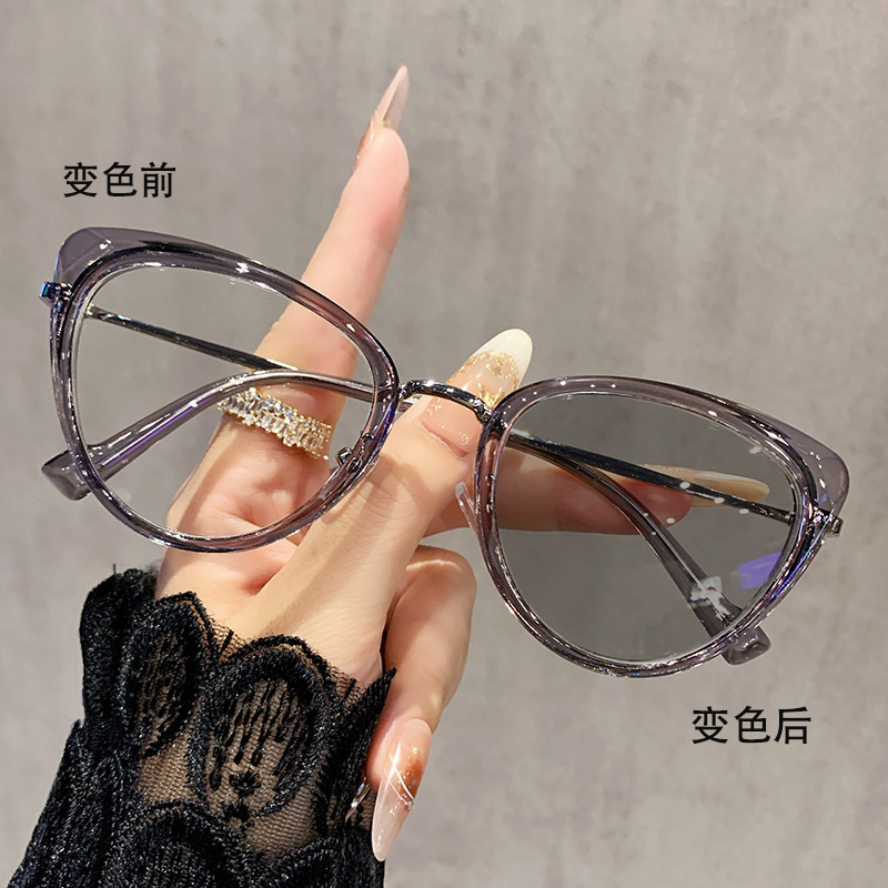 新款猫眼变色近视镜欧美跨境潮流眼镜金属复古网红款素颜近视眼镜|undefined