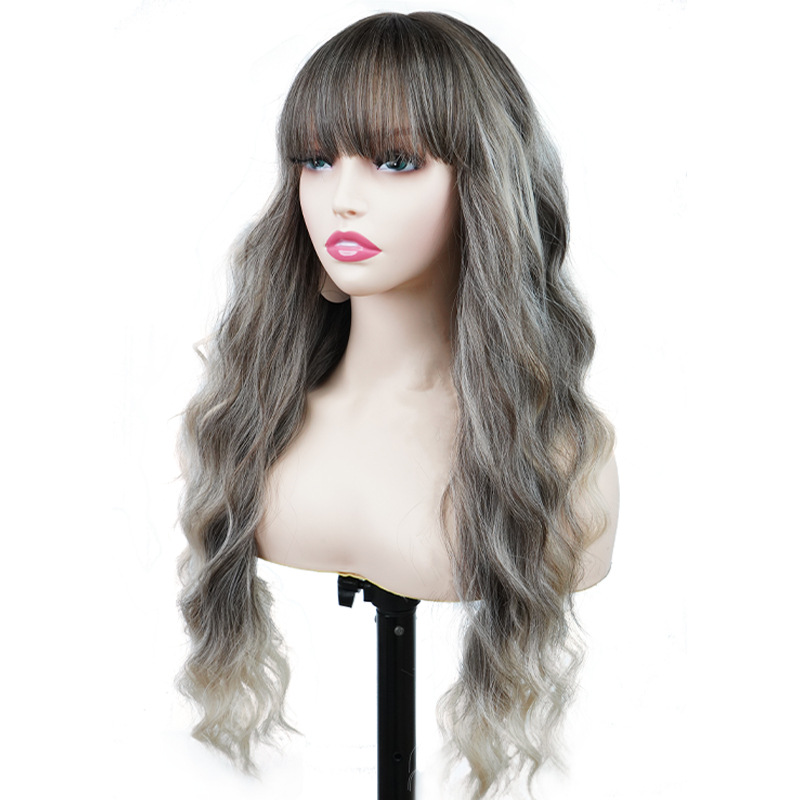Synthetische Perücke, Chemiefaser-Perücke, komplettes Set, Farbverlauf, grau, gerader Pony, tiefe Welle, lange lockige Haarperücken_voghion.com