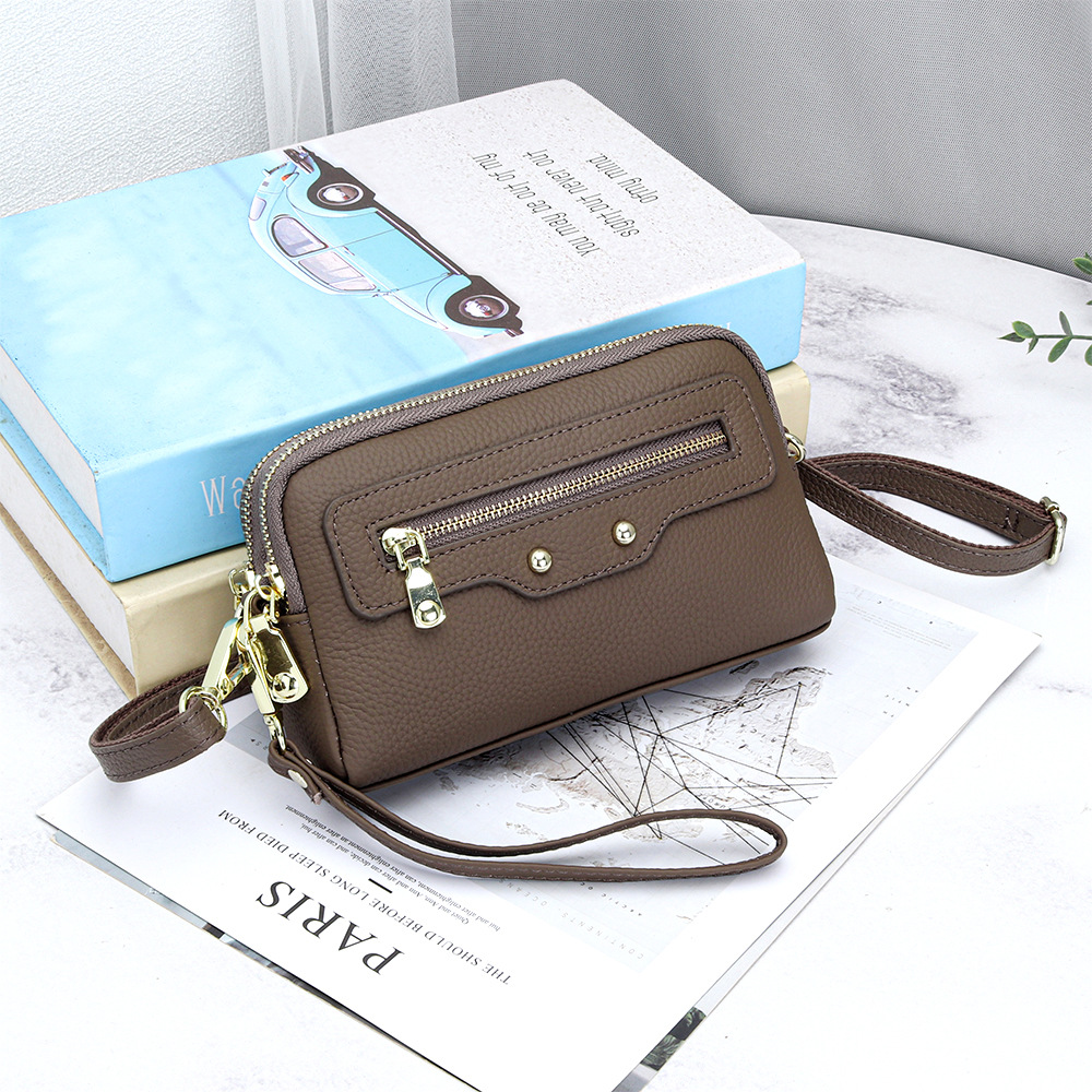 2026 New Motorcycle Style Women's Small Square Bag Top Grain Cowhide Double Zipper Crossbody Bag Multifunctional Clutch - Thumbnail 8