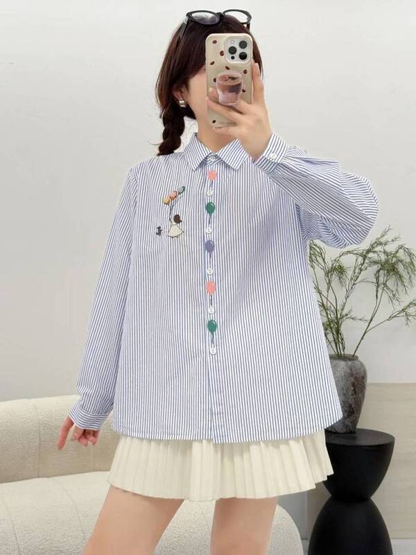 Korean Style New Cartoon Embroidered Girl Balloon Loose Cardigan Long-Sleeved Shirt Wholesale