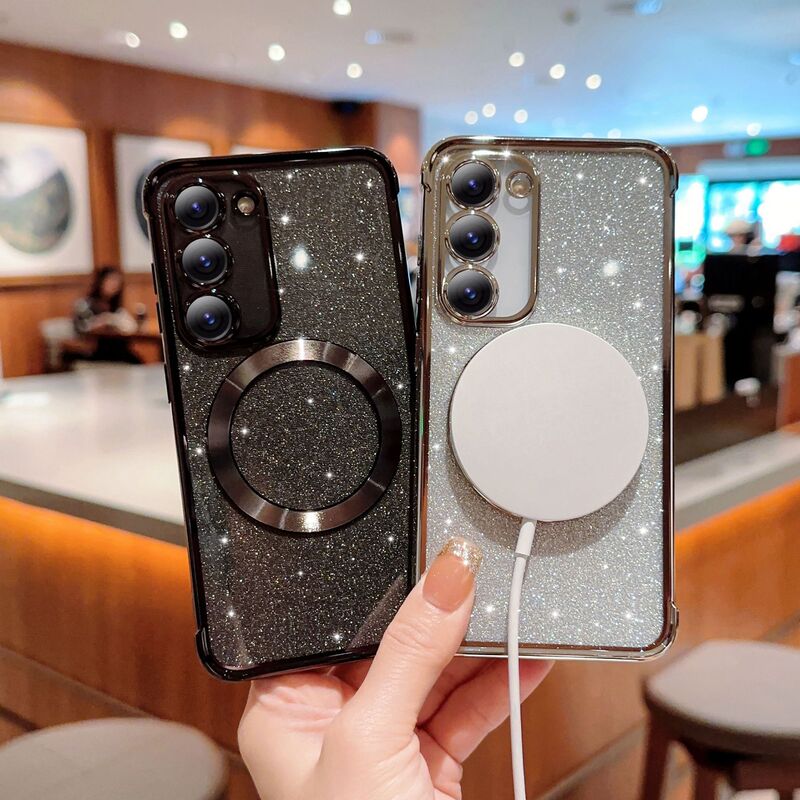 Suitable for Samsung S25Ultra Electroplated Glitter Mobile Phone Case S24Fe/S22/23 Magnetic Transparent Anti-Fall Protective Cover