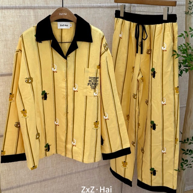 Spring and Autumn new women's lapel cotton pajamas spring and autumn women's Japanese cartoon long sleeve warm home wear suit