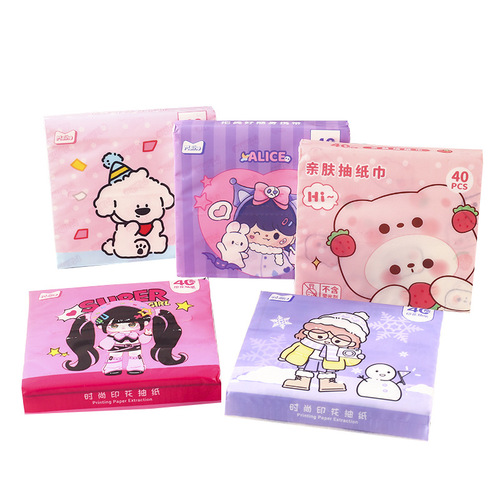 40 packs of stylish printed tissue paper, cartoon portable handkerchief paper, cute removable face napkin, outdoor small bag of paper towels