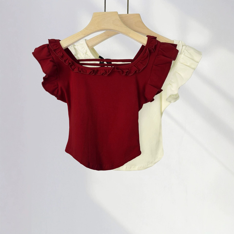 Cotton Sweet U-Neck Lace Short-Sleeved T-Shirt for Women in Summer with Niche Design and Slim Fit Short Top