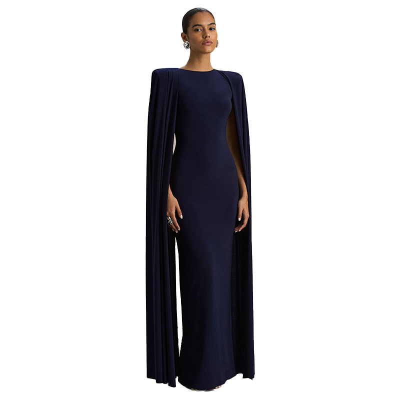Women's Clothing Women's Elegant Party Evening Dress Solid Color Round Neck Fitted Waist Pleats Style Autumn Winter_ecoleips.com