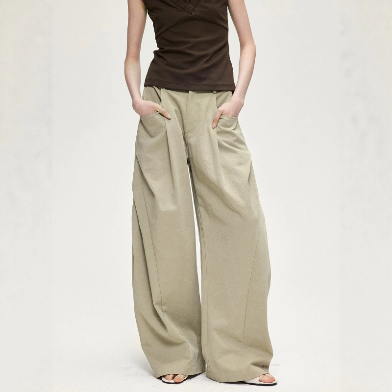 Acose Original Side-Pleated Deconstructed Design Tencel Linen-Feel Fruit-Button Genuine Horsehair Leather Patch Scimitar-Style Long Pants