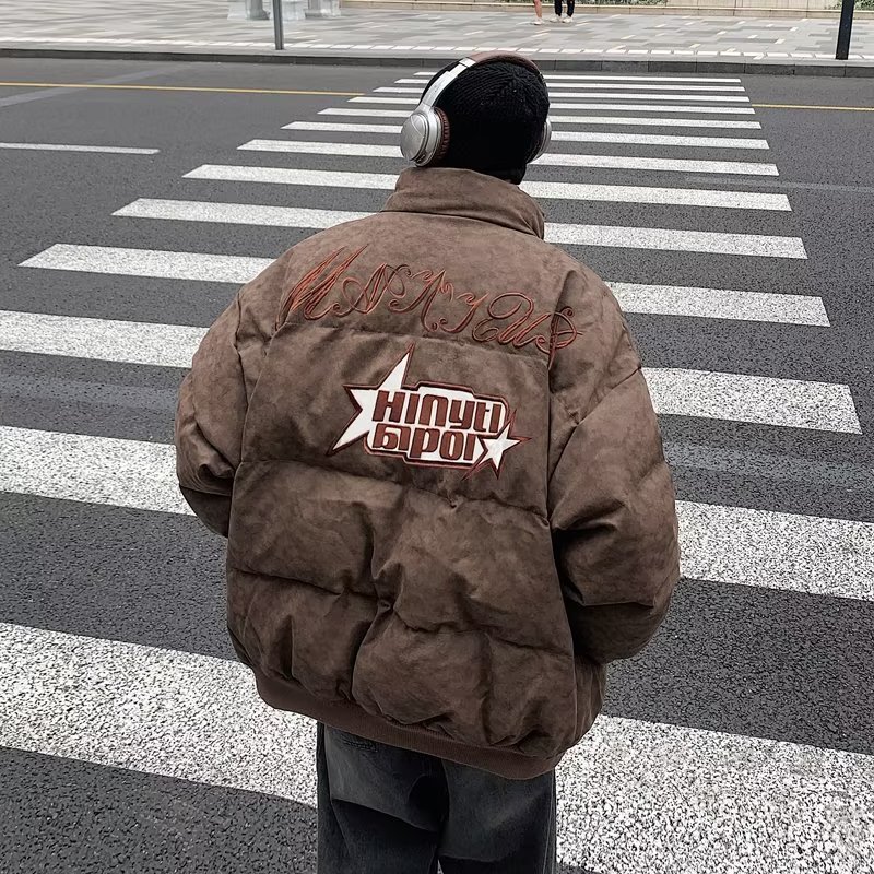 Estilo americano retro pareja suelta marca de moda pan abrigo de algodón acolchado de los hombres de la calle hip hop abrigo de algodón acolchado bordado de invierno
