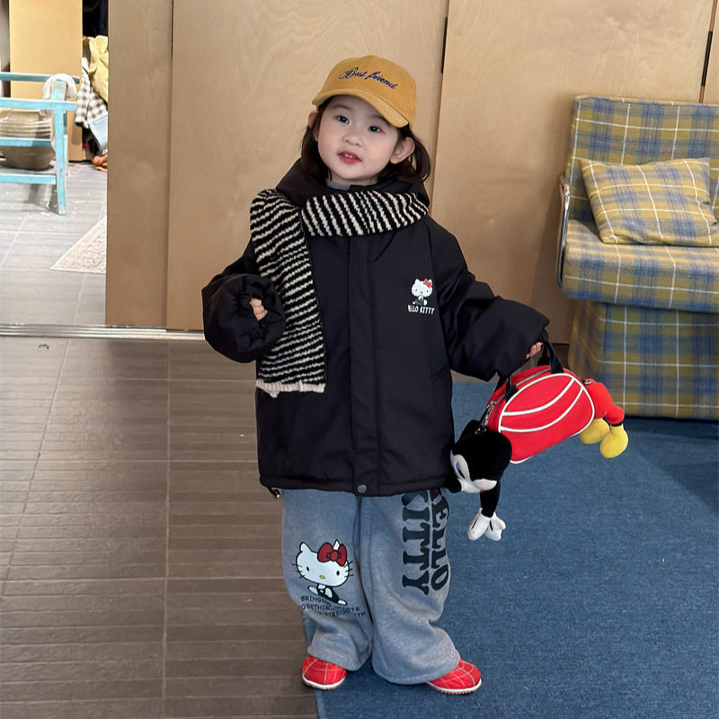 2025冬季新品韩版童装 女童中长款加厚夹棉外套 卡通带帽冬款外套