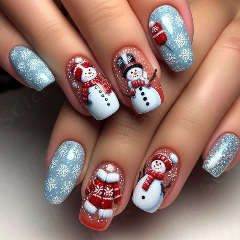 Christmas Wear Nails Medium European Square Blue Snowflake Snowman Removable Fake Nails Manicure Patch Nails