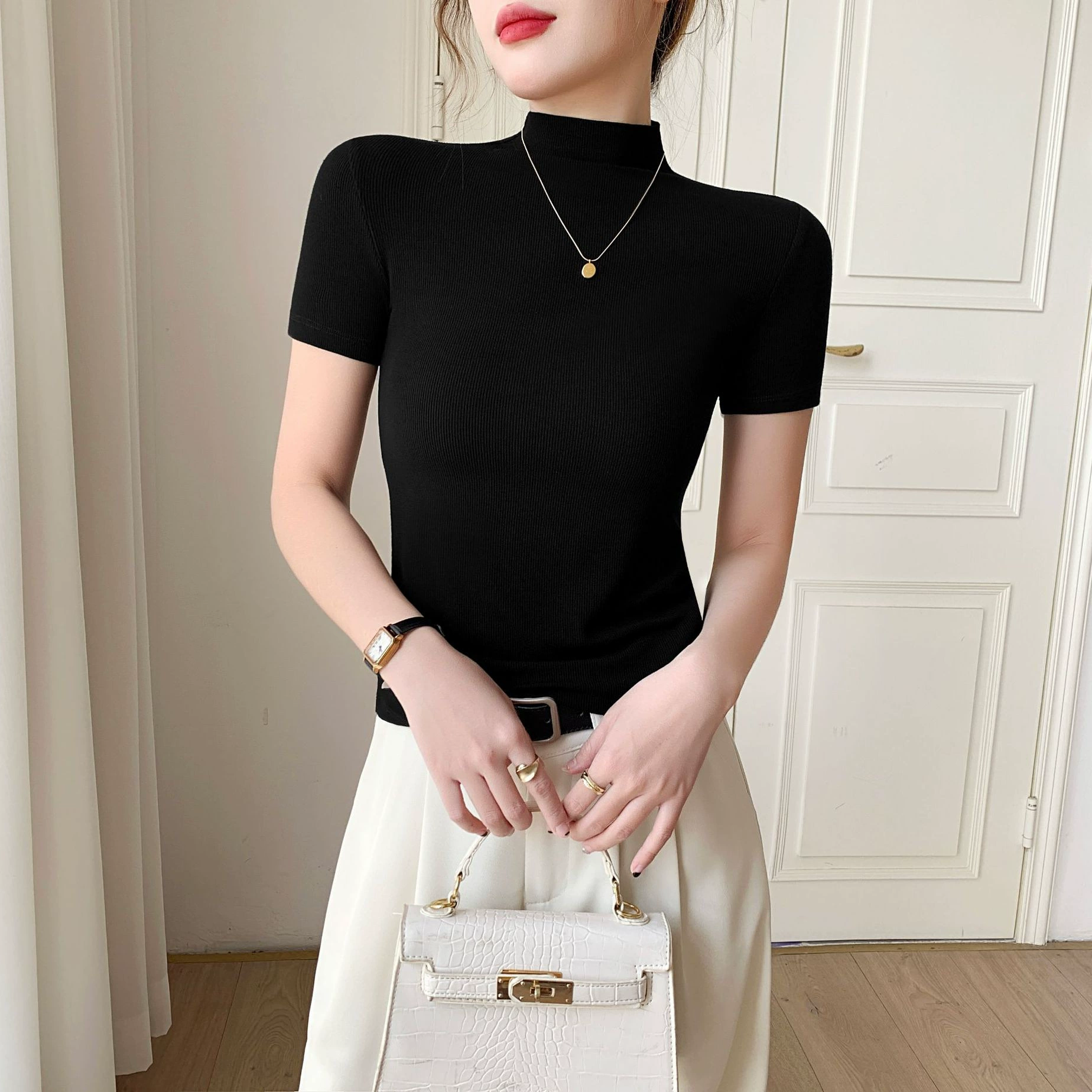 Black Rib Half-high Neck Short-sleeved T-shirt Women's 2025 Spring and Summer New Western-style Simple Solid Color Slim-fit Top