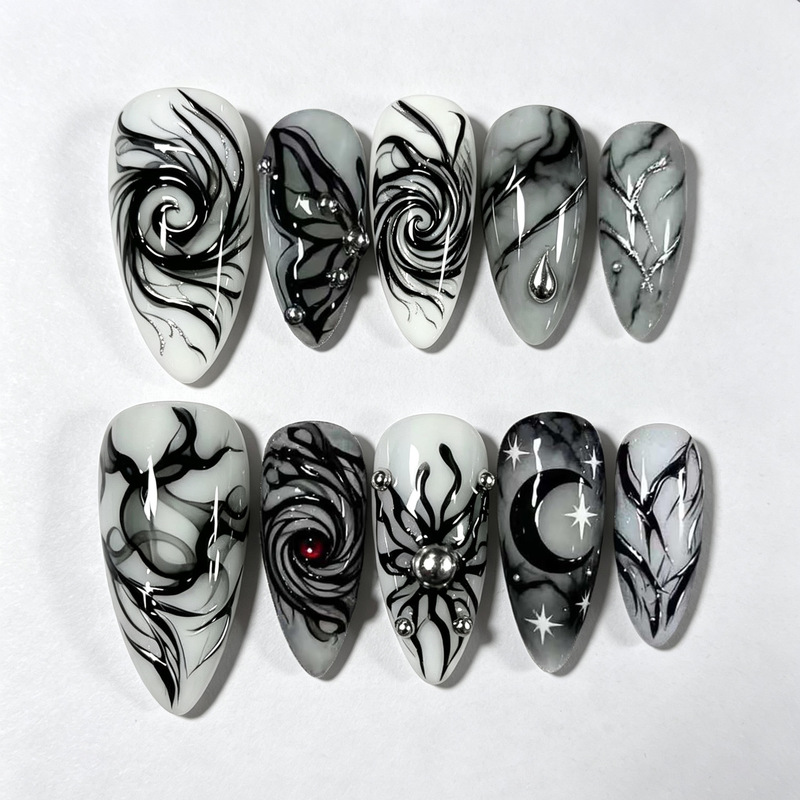 30 pieces of cross-border best-selling new almond-shaped press-on nails with dark swirl design, exquisite Y2K style, gold foil and rhinestone nail art, wholesale available 30 pieces of cross-border best-selling new almond-shaped press-on nails with dark swirl design, exquisite Y2K style, gold foil and rhinestone nail art, wholesale available
