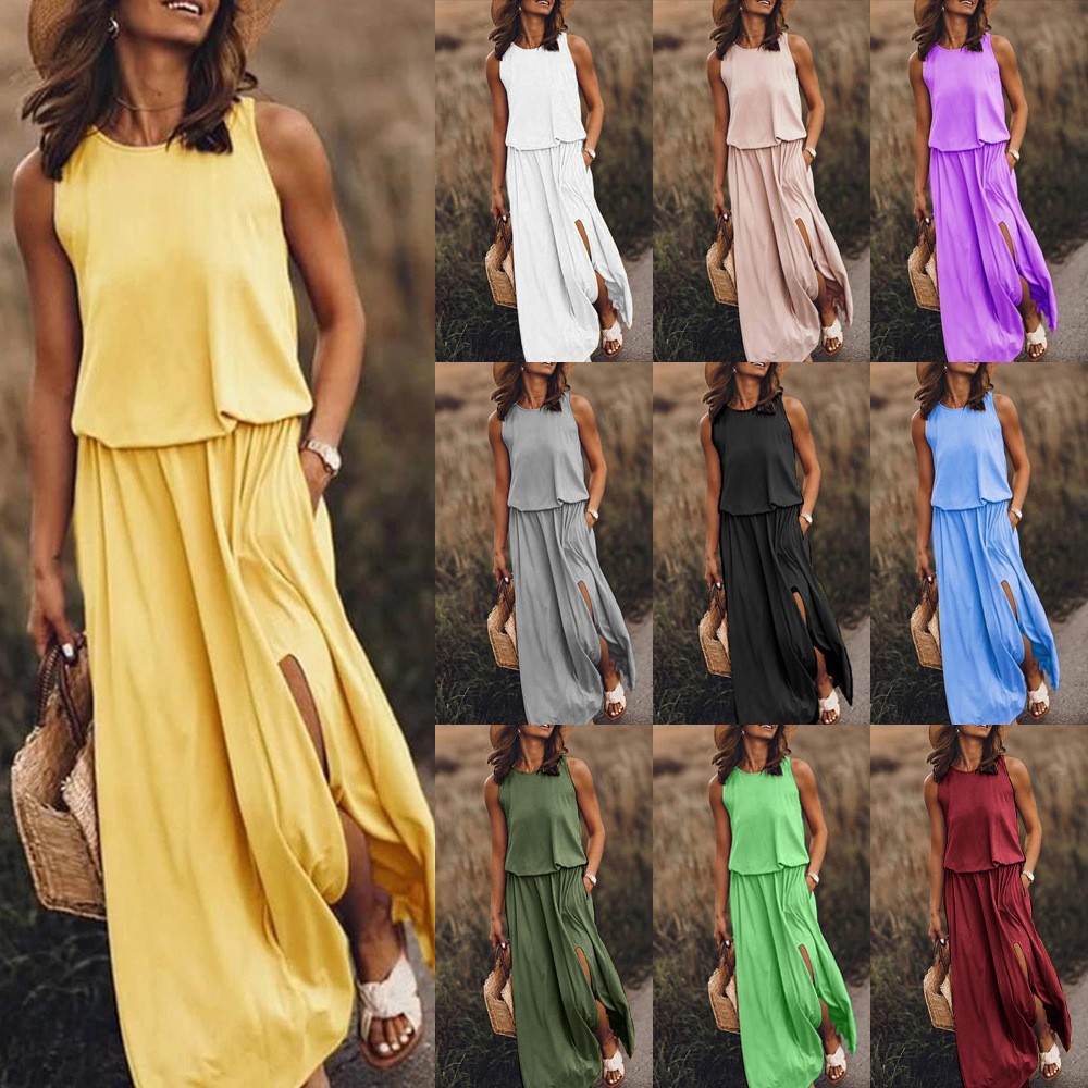 Voya Damen-Frühling/Sommer-Kollektion: Ärmelloses Top mit Rundhalsausschnitt und Schlitz im neuen europäischen und amerikanischen Stil, einfarbig_voghion.com