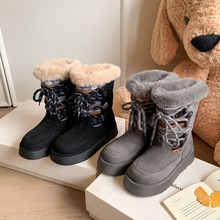高颜值时髦保暖拼色系带雪地靴2025松糕厚底中跟绒面加厚毛毛短靴