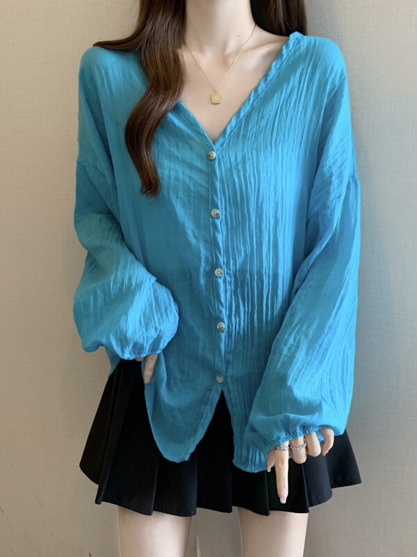 Dopamine Lake Blue Collared Sun Protection Jacket for Women, New Summer Style, Plus Size, Lightweight Chiffon Outerwear Dopamine Lake Blue Collared Sun Protection Jacket for Women, New Summer Style, Plus Size, Lightweight Chiffon Outerwear