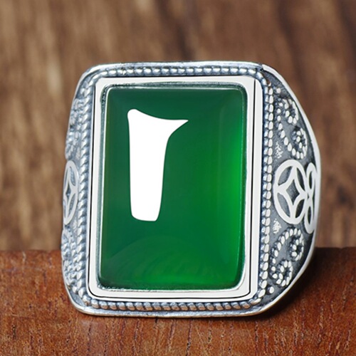 Thai silver-plated green jade and black agate ring Open retro palace style gold coin pattern chrysoprase ring ring