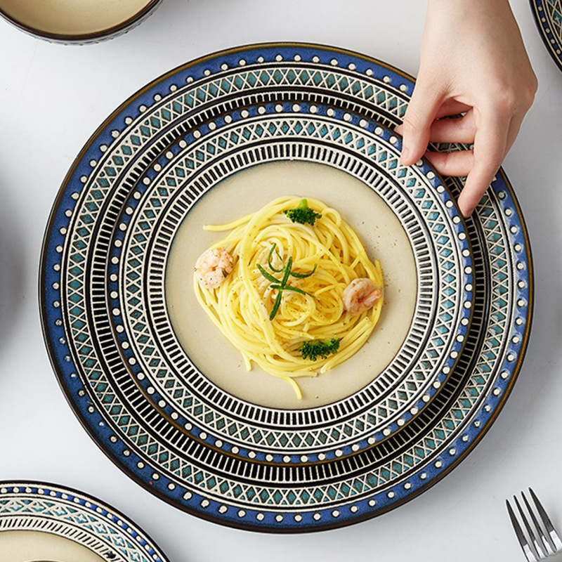 Horno creativo, plato de comida occidental esmaltado, plato de carne, plato de verduras para el hogar, plato de cerámica, plato de pasta de color esmaltado, plato de desayuno al por mayor