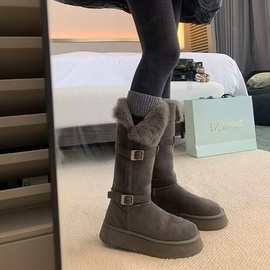 葡萄妈同款厚底毛毛加绒加厚保暖棉鞋中长筒雪地靴女冬季款